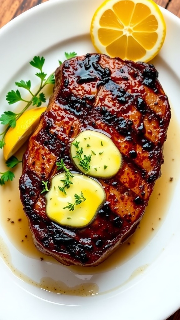 A plated garlic butter ribeye steak with lemon wedges and thyme on a wooden table.